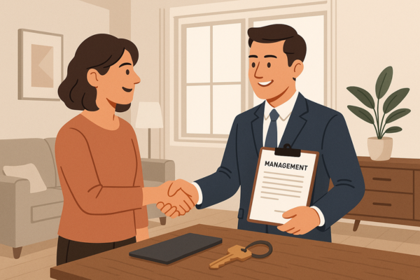 Lakástulajdonos és lakáskezelő menedzser kézfogása modern apartmanban – apartman kezelés és lakáskezelés partnerség szimbolizálása.